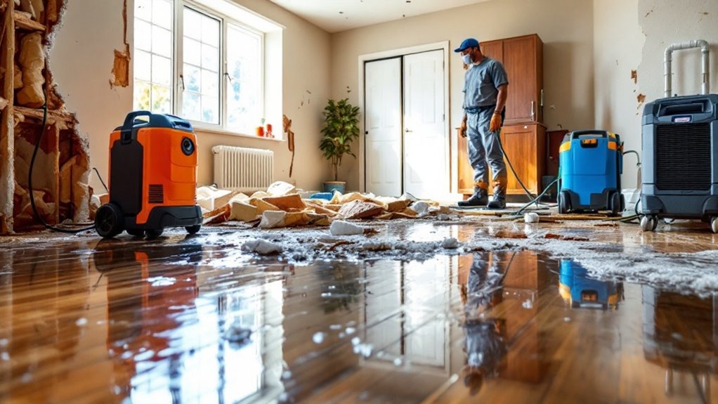A water damage restoration technician working to dry out a flooded room.